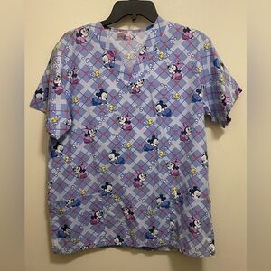 Disney Womens Scrubs Scrub Top Shirt M Baby Mickey & Minnie Mouse Lavender Print